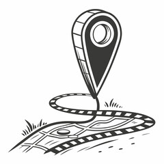 Location pin on winding road map journey destination