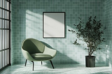 Mint-green tiled room with armchair and plant