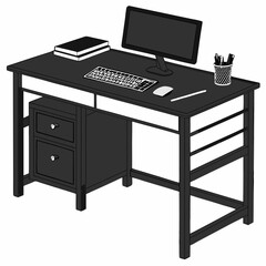 Modern black computer desk with drawers and accessories