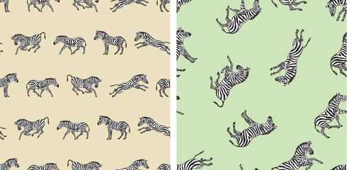 Seamless patterns of hand drawn zebras jumping, running, walking, side view, vector backgrounds, paper, wallpaper, fabric