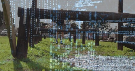 Male athlete starting crawling under beams hoisting over log with code overlay in fitness training - Powered by Adobe