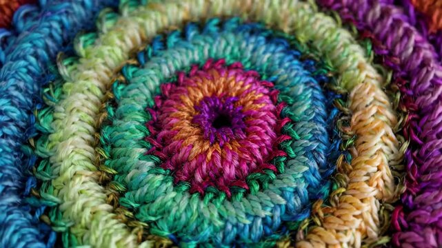 a close up of a multicolored crocheted circular rug