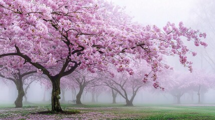 Obraz premium Misty Morning Haze Over Cherry Trees in Full Bloom