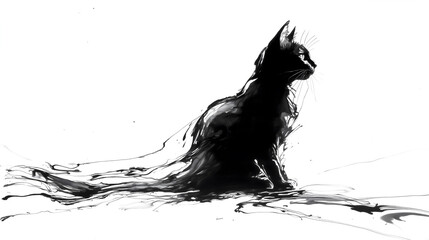 Fototapeta premium Black cat sitting calmly in minimalist line art style. Ideal for tattoo design, aesthetic artwork, and modern home decor.