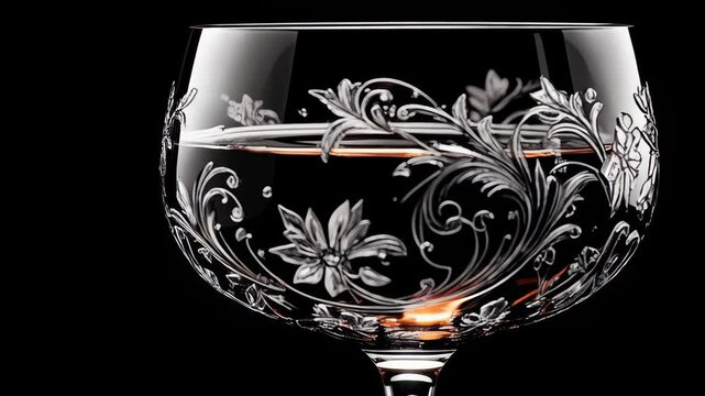Elegant wine goblet filled with liquid, showcasing ornate floral and scroll design, isolated on a sleek black background, creating a sophisticated composition.