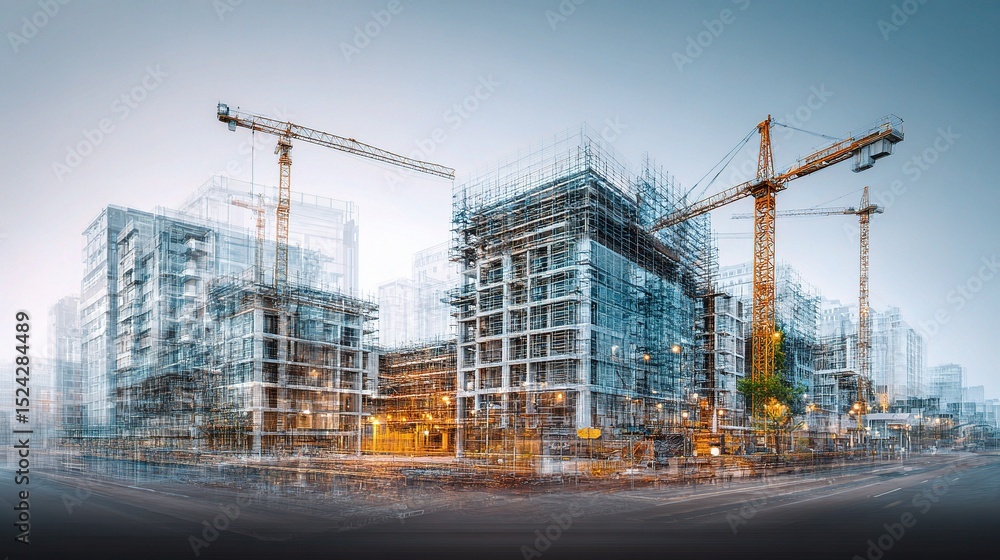 Poster future building project with double exposure of bim design elements