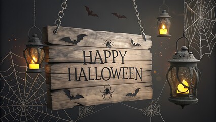 Festive wooden signboard with happy halloween text featuring lanterns bats and spiders