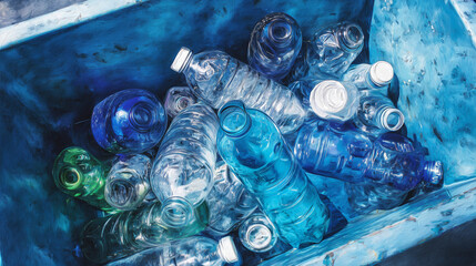 A bin full of plastic bottles in various shades of blue, green, and clear, ready for recycling