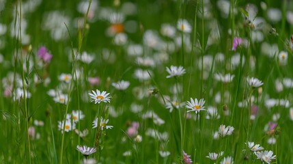 Daisies bloom in lush green meadow