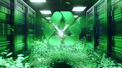 A futuristic data center corridor integrating natural elements and a prominent recycling symbol, sustainable cooling and green technology for eco-friendly computing and environmental - Powered by Adobe