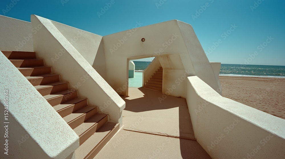 Aufkleber modernist concrete structure with geometric shadows overlooking a calm ocean under clear blue sky