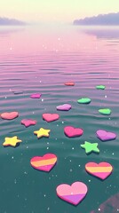 calm lake covered in a gentle pastel fog tinted with soft rainbow colors floating paper shaped hearts and stars drift slowly, their light diffused softly by the mist