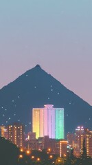 city look and top of mountain , a city light is rainbow glowing lights of building of the pride month 