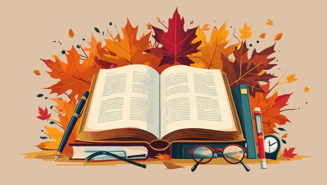 Open book surrounded by autumn leaves and stationery, warm atmosphere, educational illustration, copy space