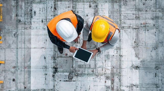 Engineers Collaborating with Tablet in Aerial View over Construction Site