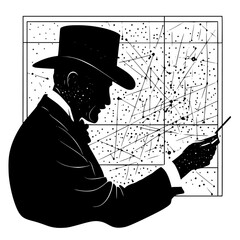 a black and white illustration of a man in a suit black, hat, illustration, man, silhouette, suit , Generative art.