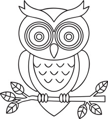 Cartoon Owl Sitting on Branch Vector with Big Eyes for Education and Nocturnal Wildlife Theme