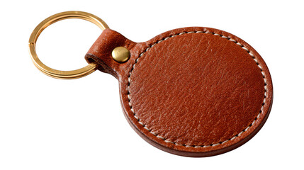 Brown leather keychain with gold ring isolated on transparent background