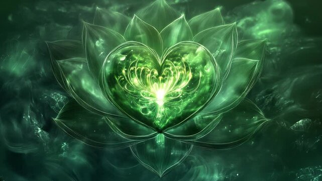green lotus radiating mystical energy light. symbolizing heart chakra, forth chakra anahata