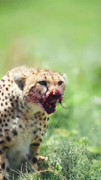 close up portrait of cheetah with mouth full of blood