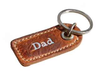 Brown leather dad keychain with metal ring isolated on transparent background