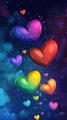pride month colors hearts sparkling in night sky floating hearts cute kawaii style pride month illustration
