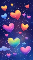pride month colors hearts sparkling in night sky floating hearts cute kawaii style pride month illustration