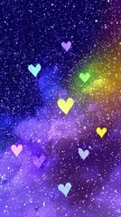 pride month rainbow colors small hearts on night sky blue galaxy background 
