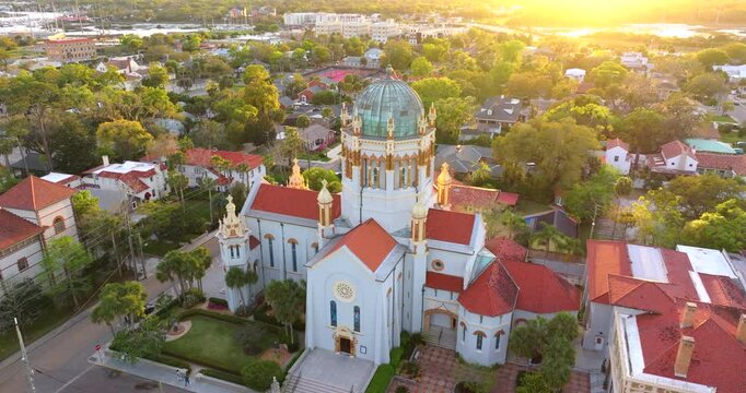 Aerial view of St. Augustine, historical city in Florida. Southern American architecture with Memorial Presbyterian Church, narrow streets and old buildings.