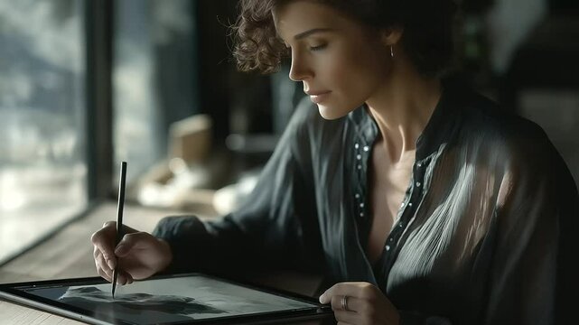 A designer observes a digital portrait creation process on a tablet