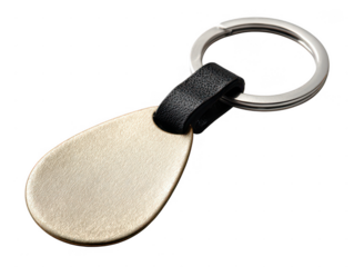 Elegant gold teardrop keychain with black leather strap isolated on transparent background