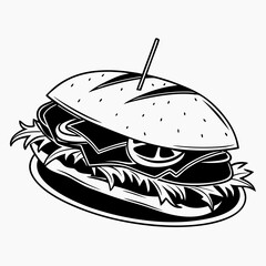 Delicious sub sandwich black and white illustration
