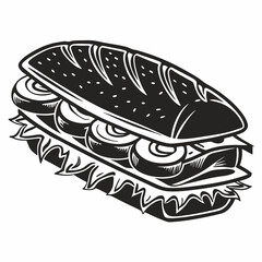 Delicious sub sandwich black and white illustration