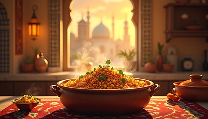 Fototapeta premium Steaming Lentil Dish: Middle Eastern Cuisine, Ornate Window, Distant Mosque, Golden Hour Light.