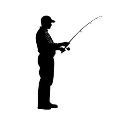 Fototapeta premium a black silhouette of a fisherman fishing on a transparent background black, fish, fisherman, fishing rod, man, silhouette , Generative art.