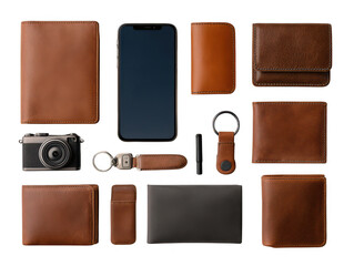Leather wallets smartphone camera and keychains isolated on transparent background