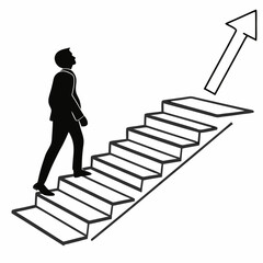 Businessman climbing stairs towards success arrow up