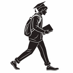 Graduate student walking campus backpack books