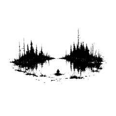 a drawing of a landscape with a small lake and trees in black ink art, black, drawing, forest, ink, lake, landscape, small, tree, water , Generative art.