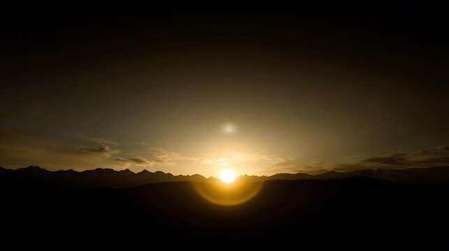 Ethereal sunset over dark mountains horizon