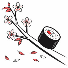 Sushi roll on cherry blossom branch spring design