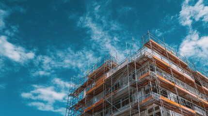 Large Construction Site with Scaffolding Under Blue Sky