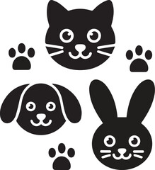 Fototapeta premium Animal Faces – Cat, Dog, and Rabbit with Paw Prints vector illustration