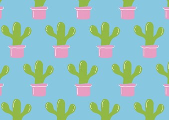 Cute Succulent Cactus Plants in Pink Pots Seamless Pattern Background Design for Textile or Wallpaper (Created by graphics program)