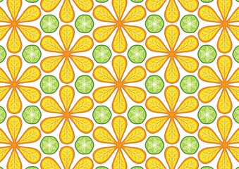 Vibrant Floral Pattern Design Featuring Yellow Flowers and Green Citrus Fruit Seamless Repeat Texture (Created by graphics program)