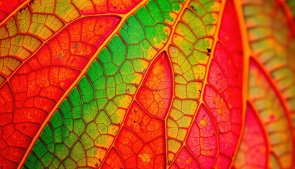 Obraz premium Vibrant Autumn Leaf Close-Up A Symphony of Red, Green, and Orange Hues