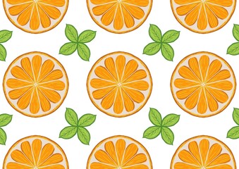 Vibrant Seamless Pattern of Juicy Orange Slices and Fresh Green Leaves Perfect for Summer Designs (Created by graphics program)