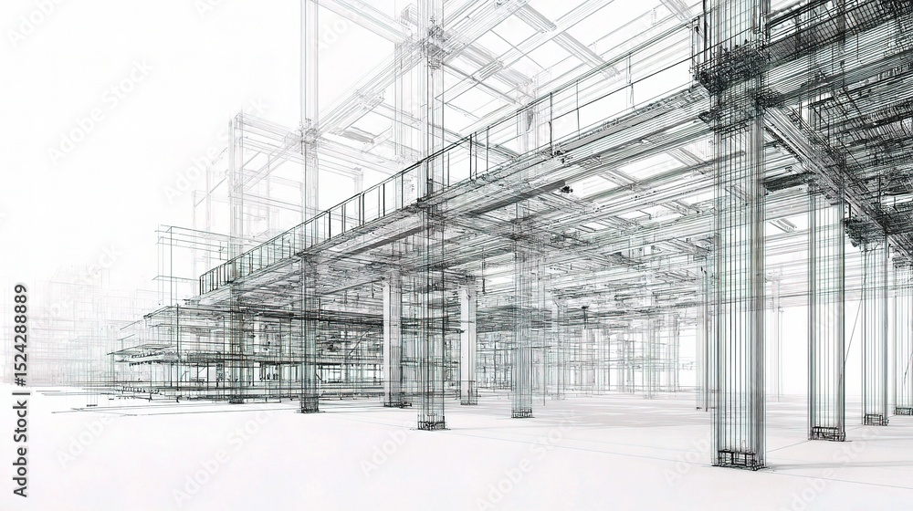 Poster wireframe view of steel framework model on white background