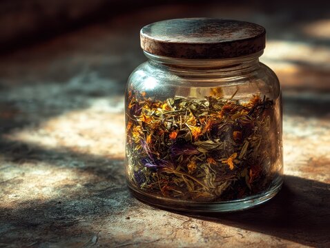 Close-up of a glass jar filled with dried herbs and flowers on a rustic surface with sunlight and shadows