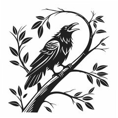 Professional crow on branch with leaves, isolated cutout